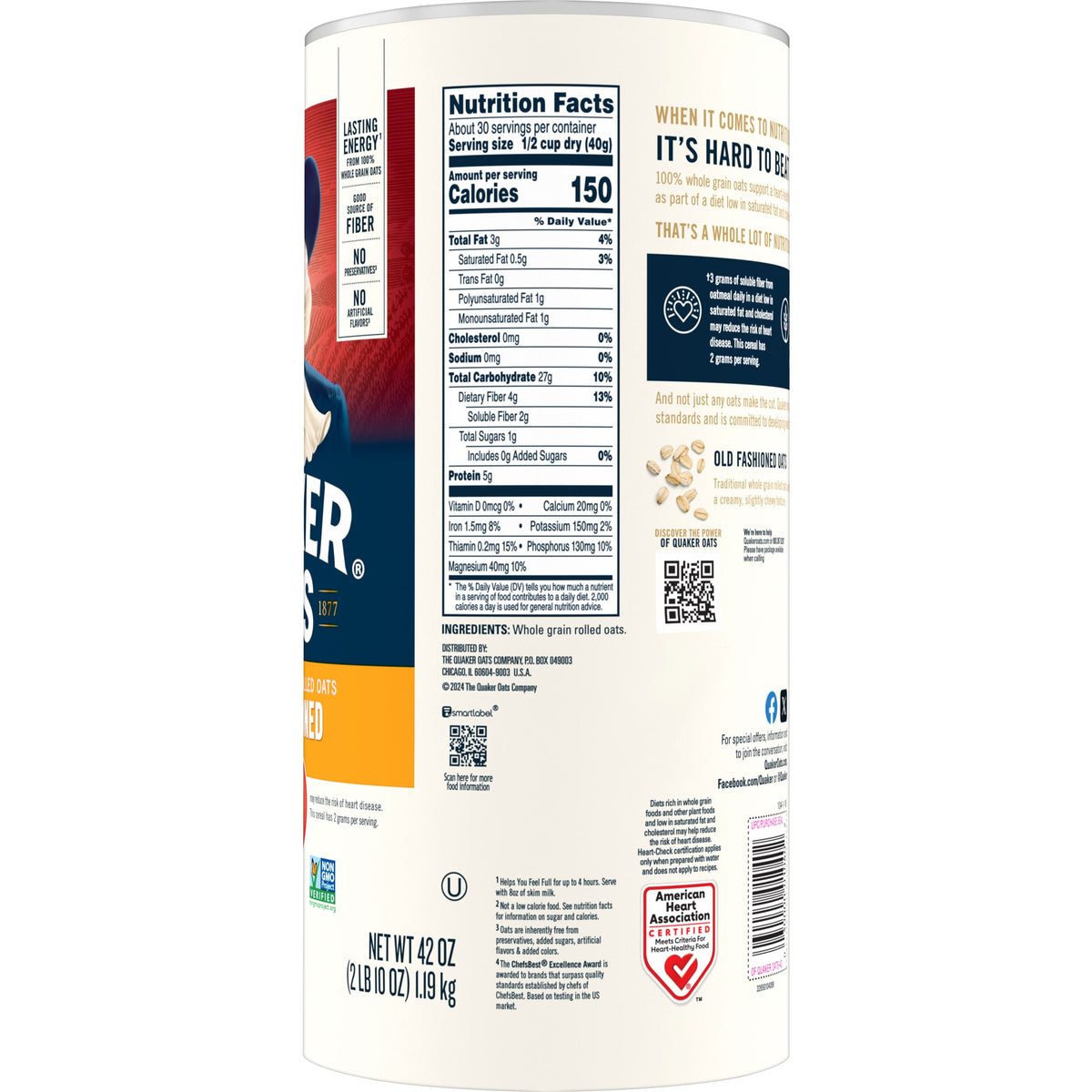 Quaker Old Fashioned Oats - 42 oz - back of pack