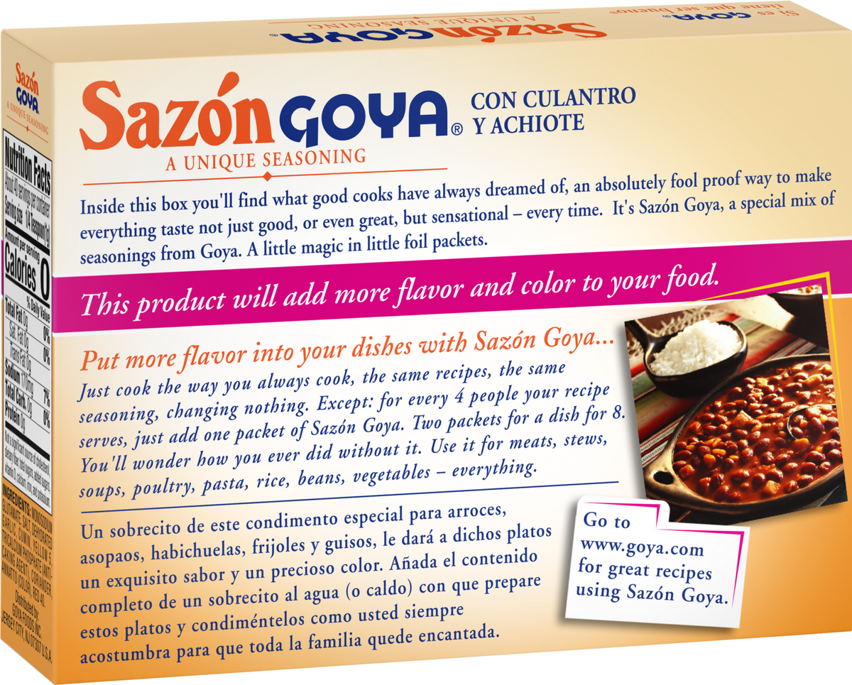 Sazon Goya Seasoning, Coriander & Annatto - 1.41 oz - back of pack
