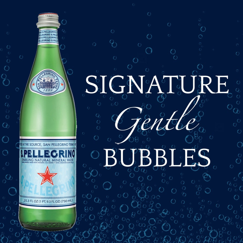 S.Pellegrino Sparkling Mineral Water 25.3 fl oz bottle on blue background