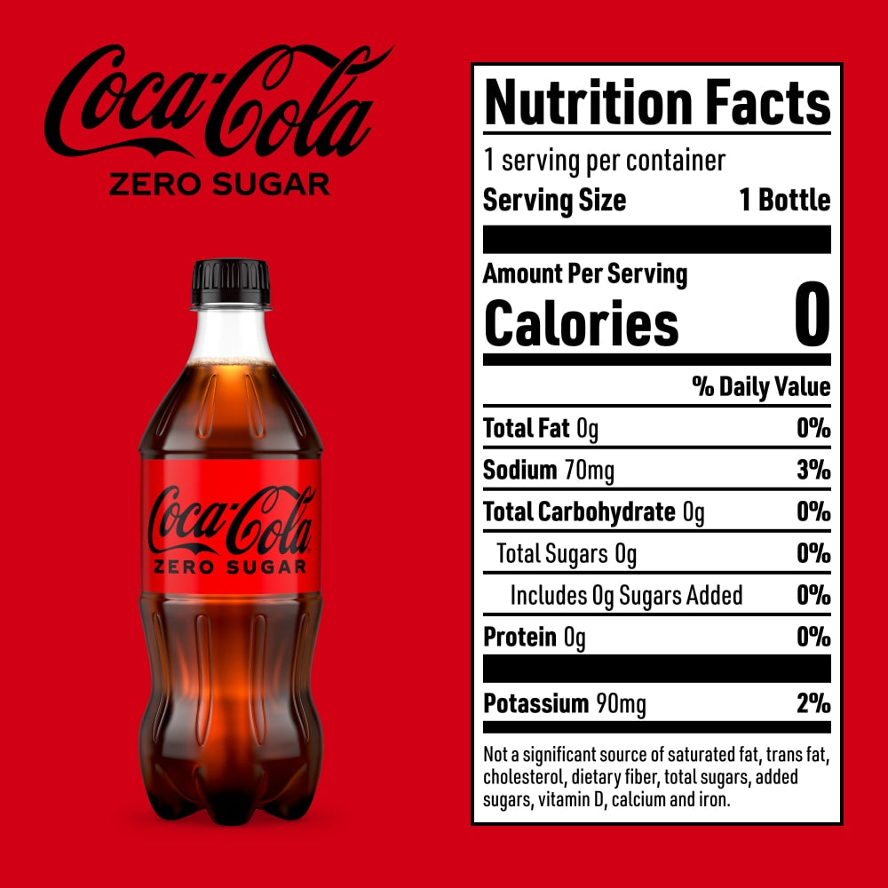 Coca-Cola Zero Sugar 20 fl oz bottle with nutrition facts