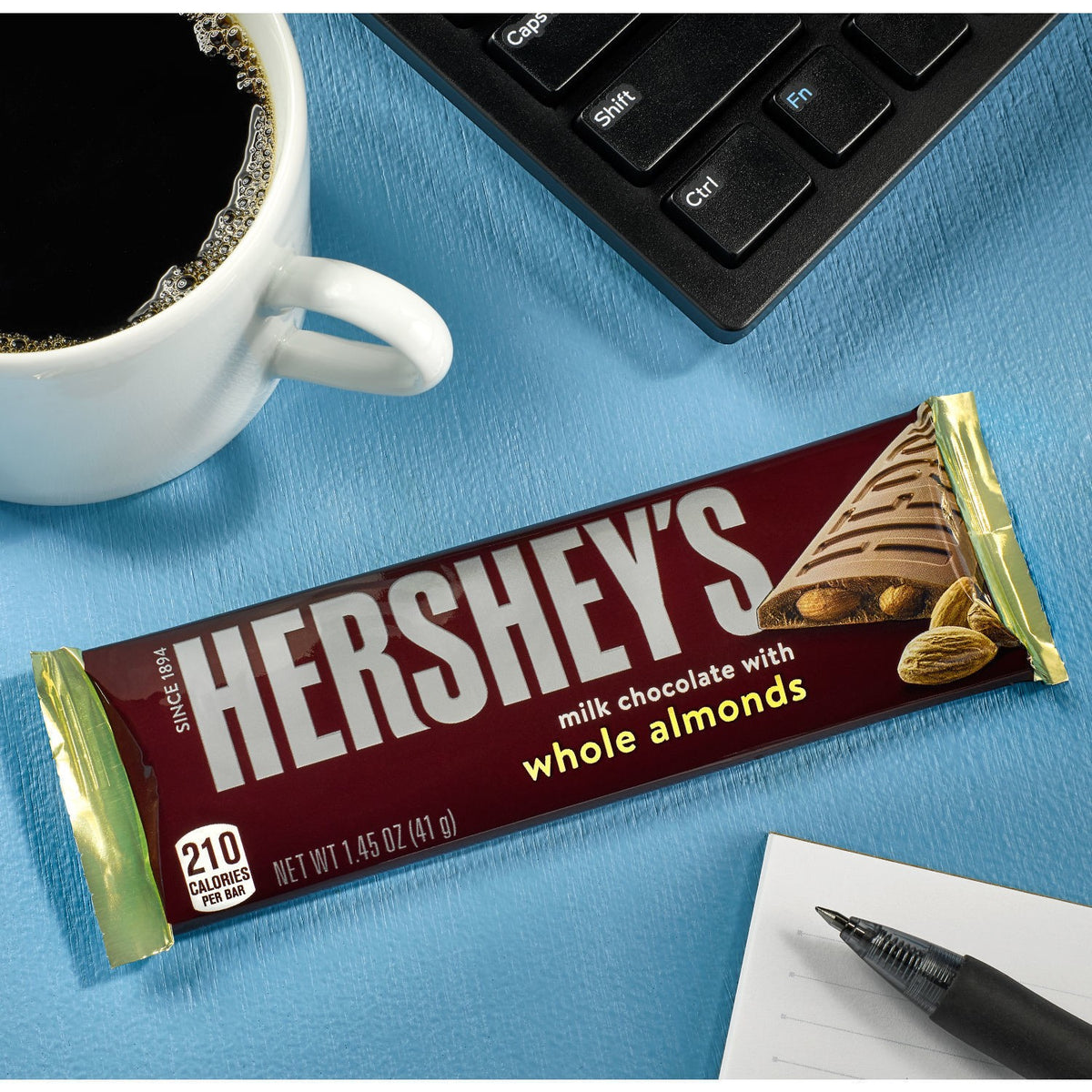 Hershey's Milk Chocolate with Whole Almonds 1.45 oz bar, serving shot