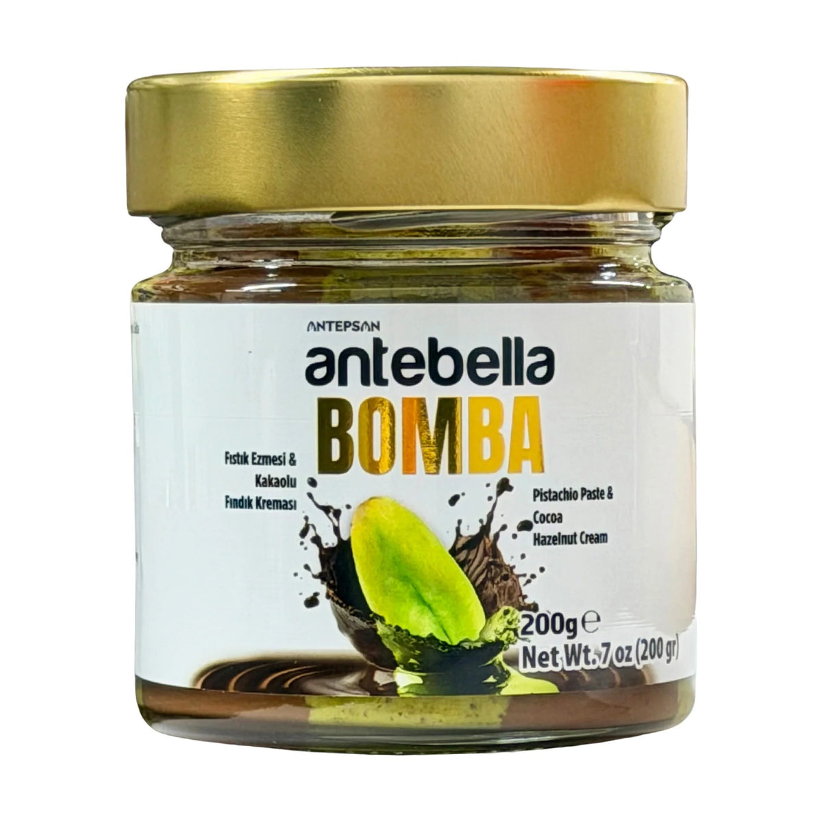 Antebella Bomba pistachio and cocoa hazelnut spread, 200 g jar