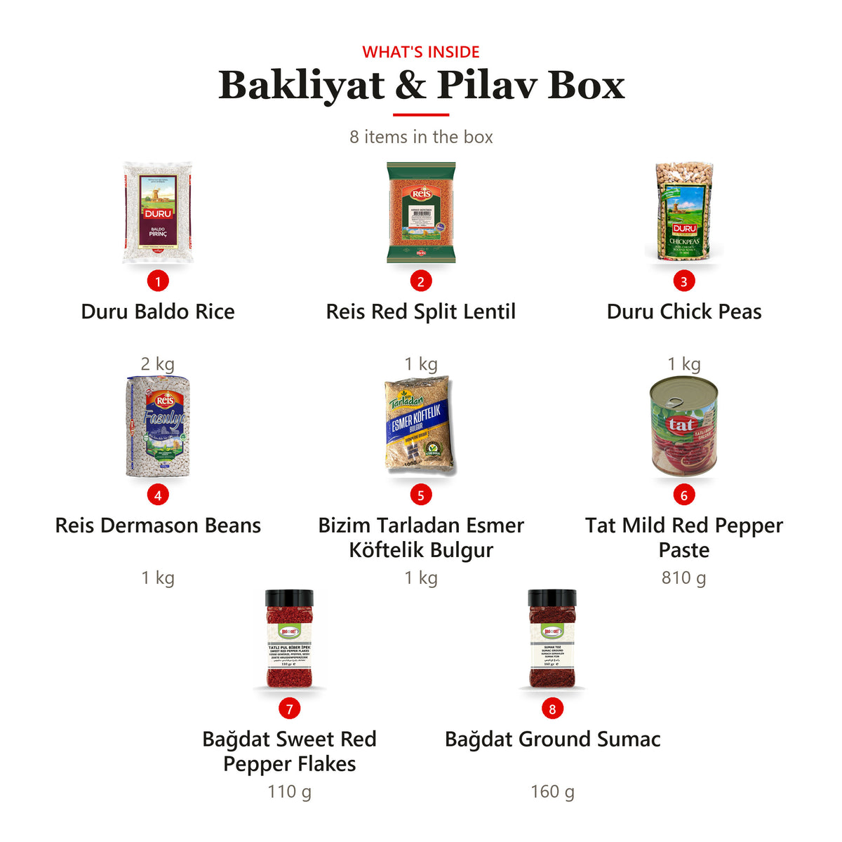 What's inside the Bakliyat & Pilav Box: 1 Duru Baldo Rice 2 kg, 2 Reis Red Split Lentil 1 kg, 3 Duru Chick Peas 1 kg, 4 Reis Dermason Beans 1 kg, 5 Bizim Tarladan Esmer Köftelik Bulgur 1 kg, 6 Tat Mild Red Pepper Paste 810 g, 7 Bağdat Sweet Red Pepper Flakes 110 g, 8 Bağdat Ground Sumac 160 g