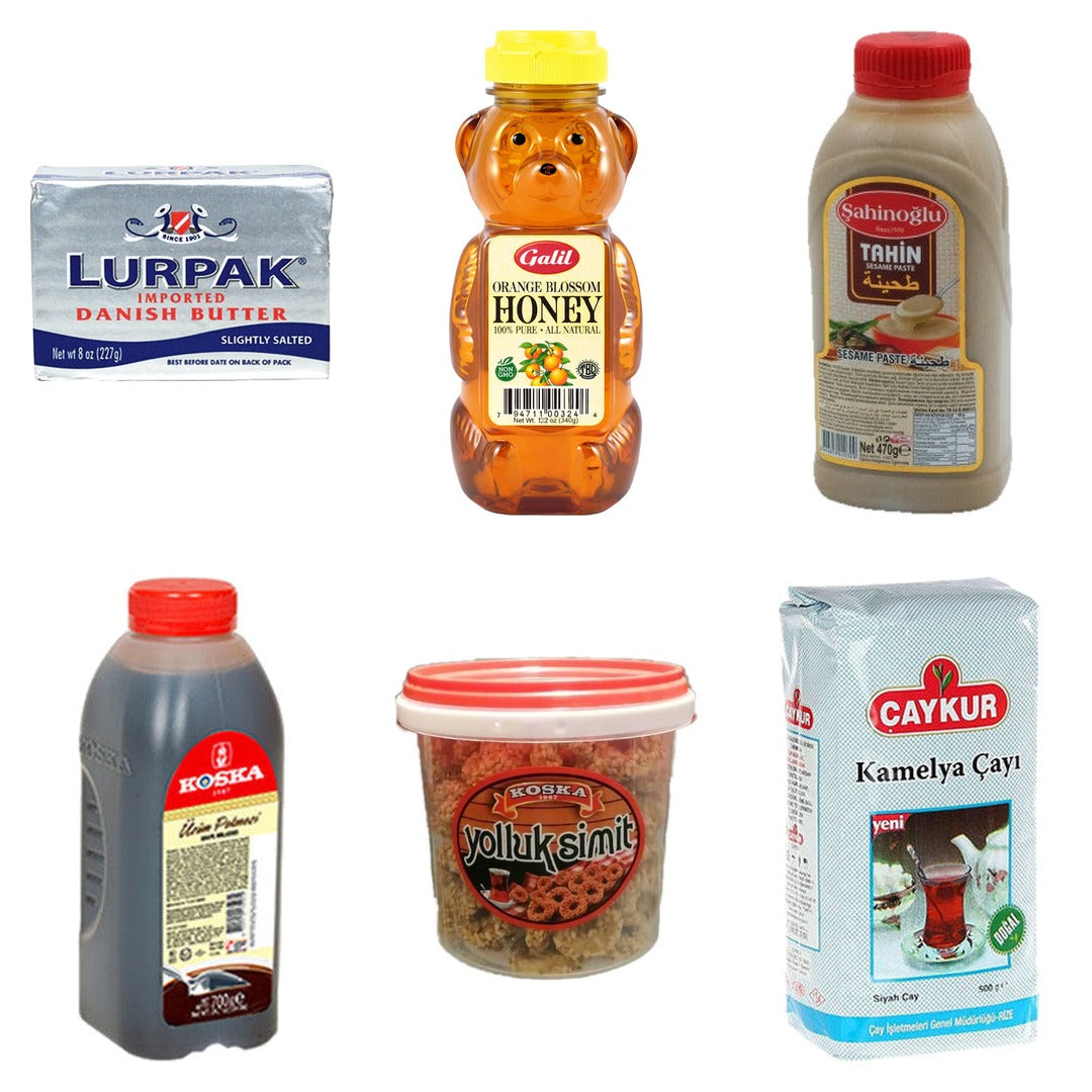 Butter & Honey Breakfast Box: Tahin-Pekmez, Simit and Tea: Lurpak Butter Salted 226 g, Galil Orange Blossom Honey Bear 12 oz, Şahinoğlu Tahini 470 g, Koska Grape Molasses 700 g, Koska Turkish Mini Simit Bucket, Çaykur Kamelya Cayi 500 g