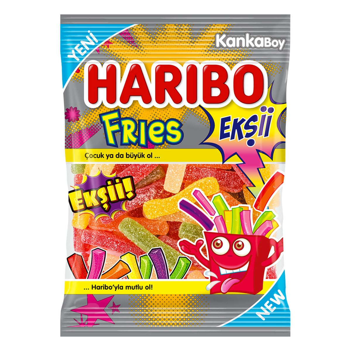 Haribo Fries Ekşii sour gummy candy, 70 g bag, front view