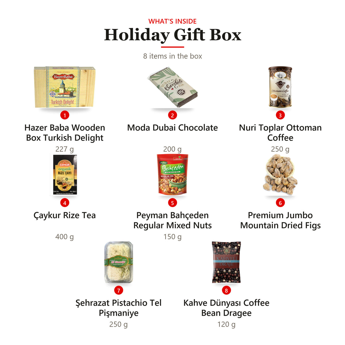 What's inside the Holiday Gift Box: 1 Hazer Baba Wooden Box Turkish Delight 227 g, 2 Moda Dubai Chocolate 200 g, 3 Nuri Toplar Ottoman Coffee 250 g, 4 Çaykur Rize Tea 400 g, 5 Peyman Bahçeden Regular Mixed Nuts 150 g, 6 Premium Jumbo Mountain Dried Figs, 7 Şehrazat Pistachio Tel Pişmaniye 250 g, 8 Kahve Dünyası Coffee Bean Dragee 120 g