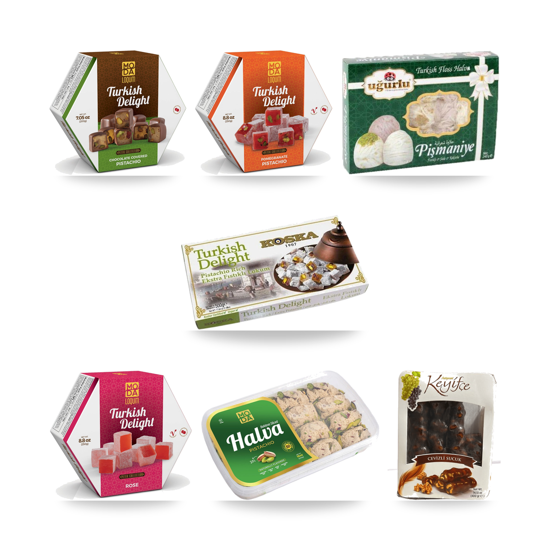 Lokum & Tatlı Box, 7 items: Koska rich pistachio lokum 500 g, Moda chocolate pistachio, pomegranate pistachio and rose lokum, Moda pistachio baklava halva, Uğurlu pişmaniye, Keyifçe walnut molasses roll