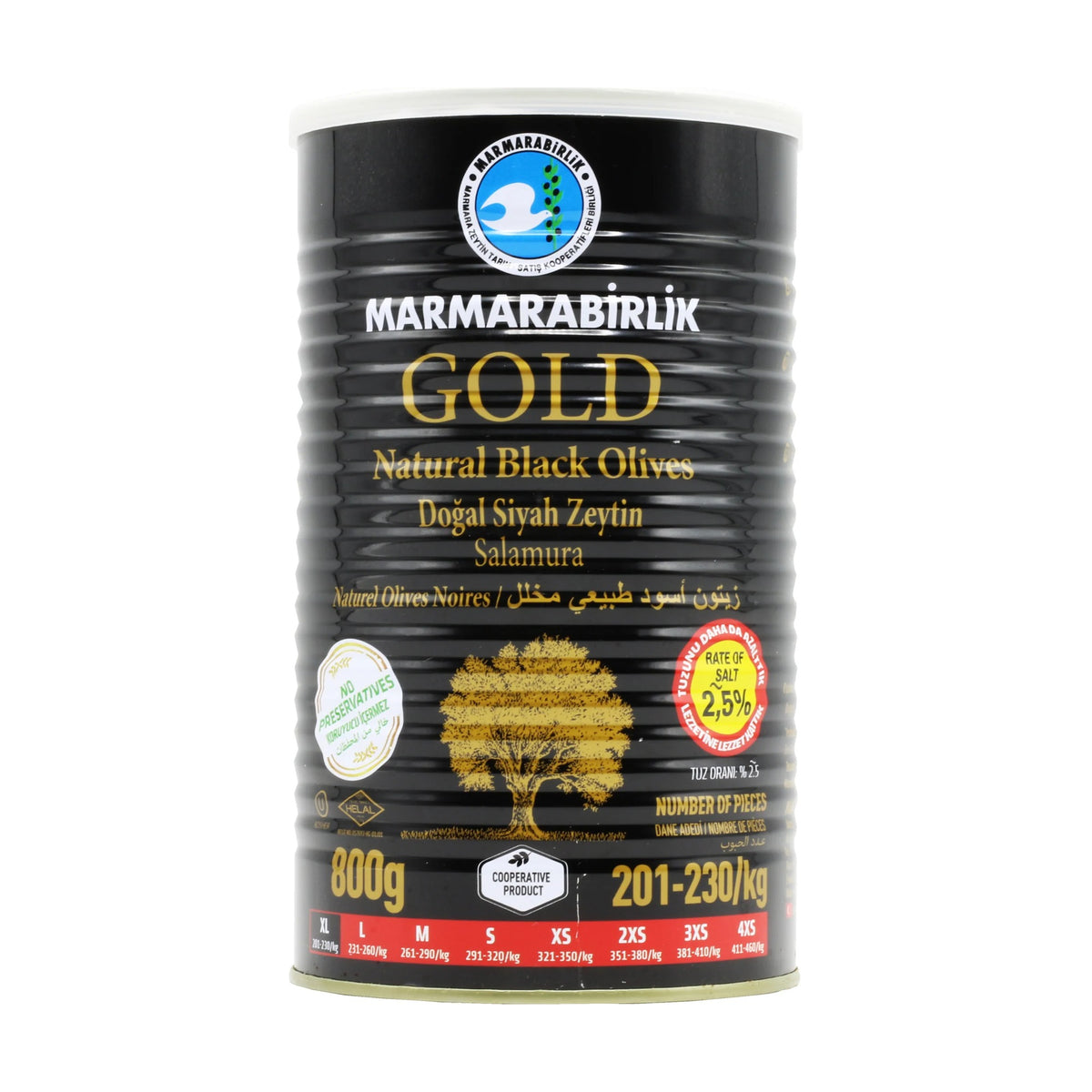 Marmarabirlik Gold natural black olives, XL 201-230 per kg, 2.5% salt, 800 g tin