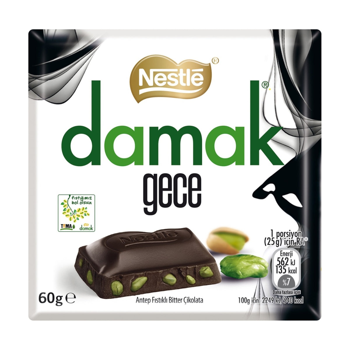 Nestle Damak Gece dark chocolate with whole pistachios, 60 g