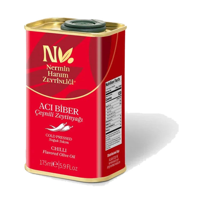 Nermin Hanım chili flavored cold pressed olive oil tin, 5.9 fl oz
