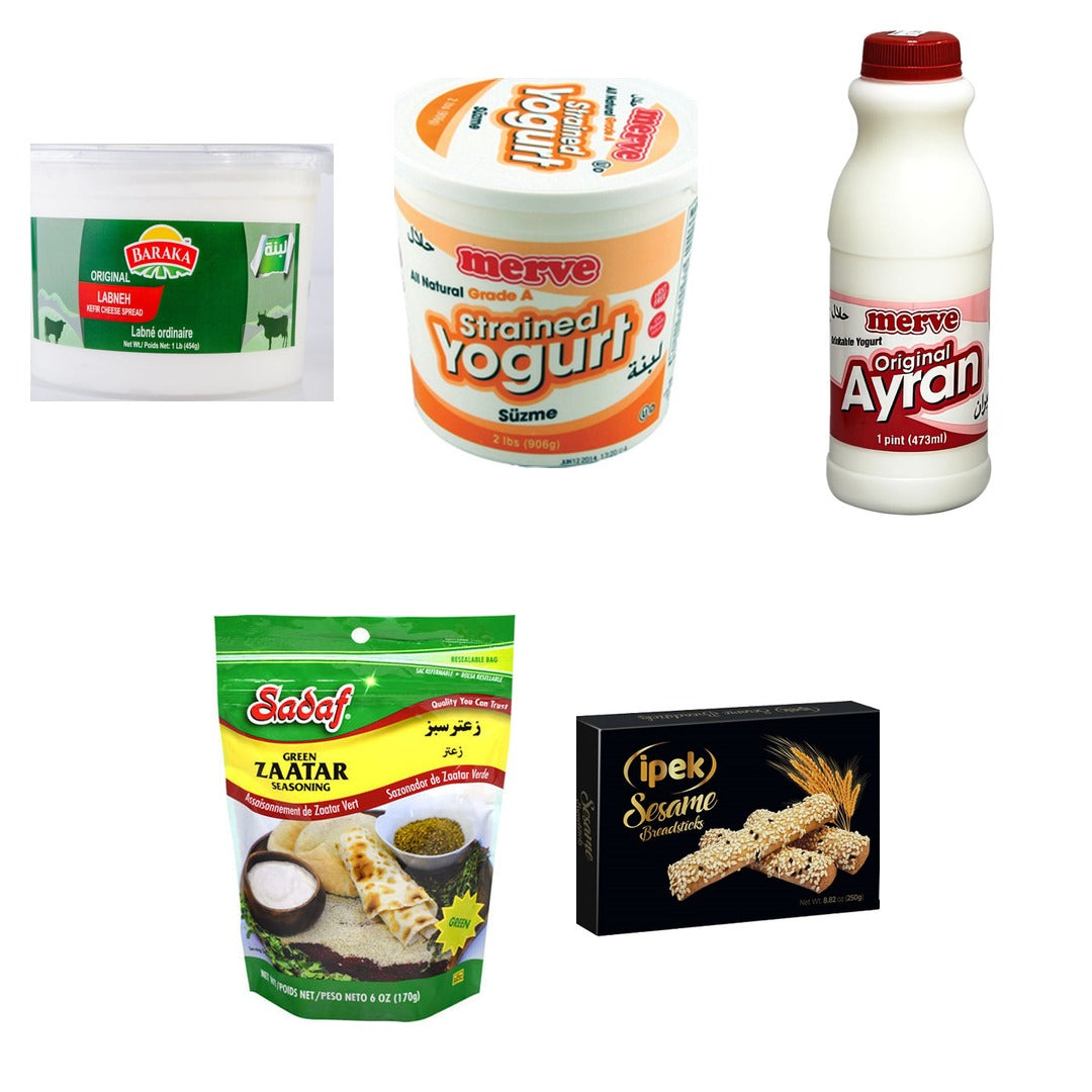 Yogurt & Labneh Box: Labneh, Süzme Yogurt, Ayran and Za'atar: Baraka Original Labneh 454 g, Merve Suzme Yogurt 907 g, Merve Yogurt Drink Regular 473 ml, Sadaf Green Zaatar Mix 170 g, Ipek Premium Sesame Breadsticks 250 g