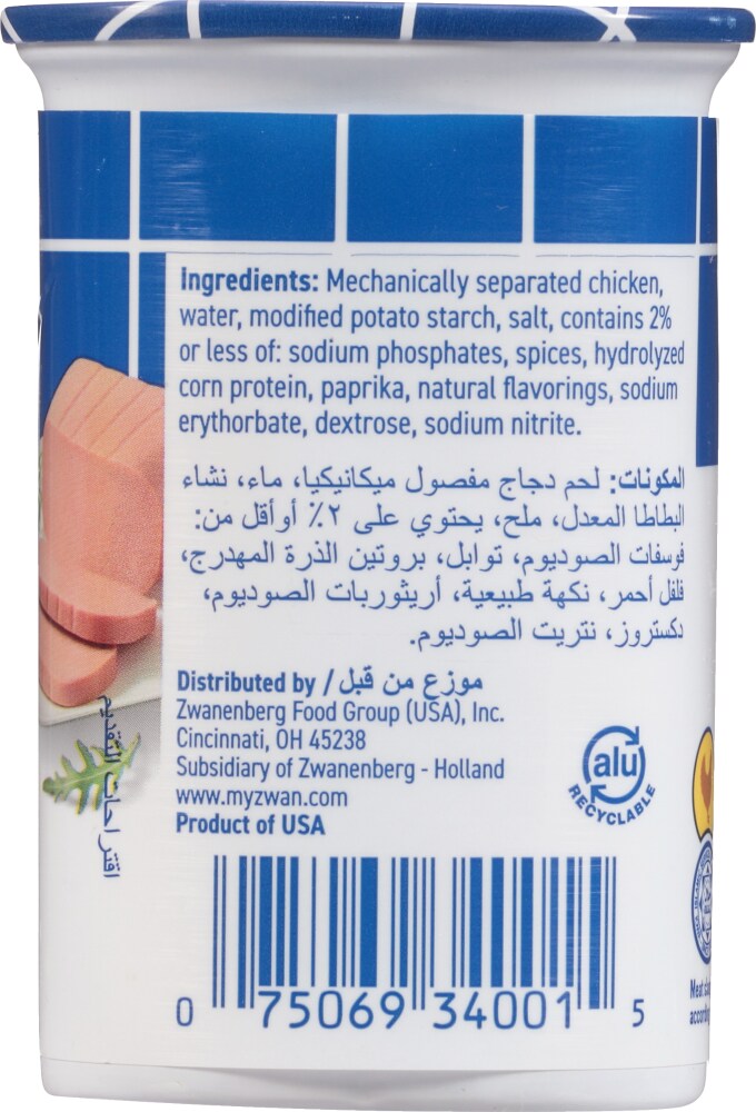 Zwan Chicken Luncheon Loaf 12 oz can, ingredients list and distributor panel