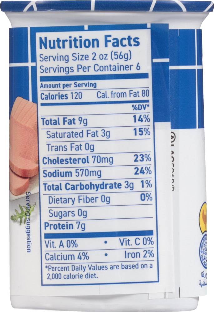 Zwan Chicken Luncheon Loaf 12 oz can, Nutrition Facts panel, 6 servings per container