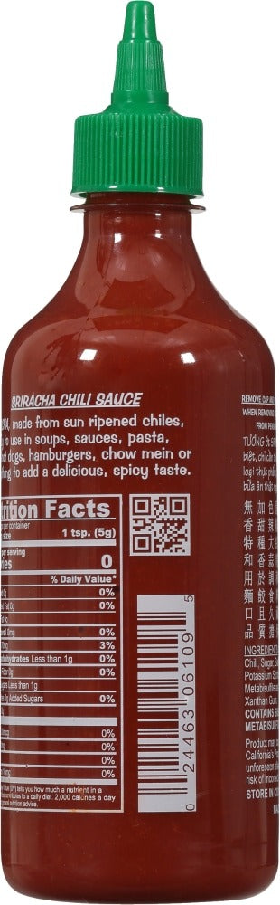 Huy Fong hot sriracha chili sauce 17 oz - back label