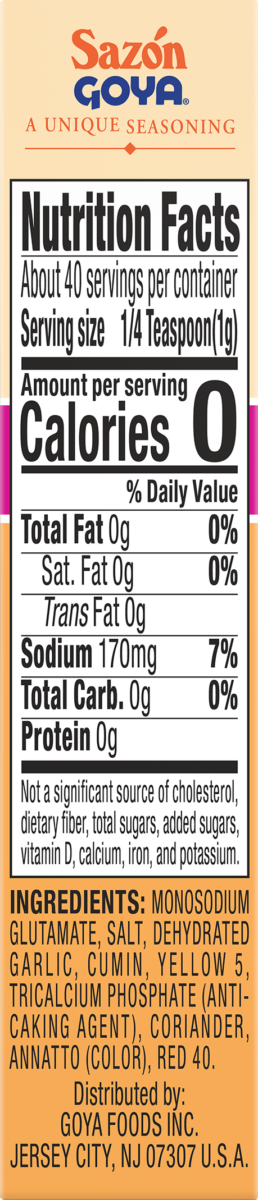 Sazon Goya Seasoning, Coriander & Annatto - 1.41 oz - side of pack