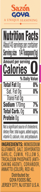 Sazon Goya Seasoning, Coriander & Annatto - 1.41 oz - side of pack