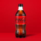 Coca-Cola Zero Sugar 20 fl oz bottle on red background