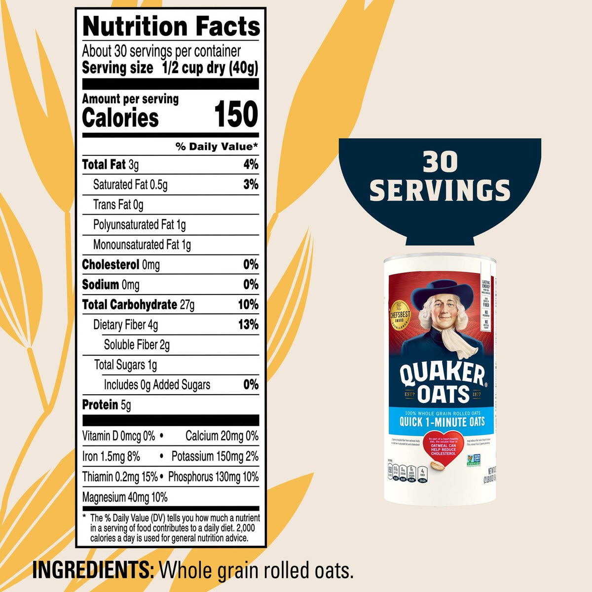 Quaker 1-Minute Quick Oats 42 oz canister, nutrition facts