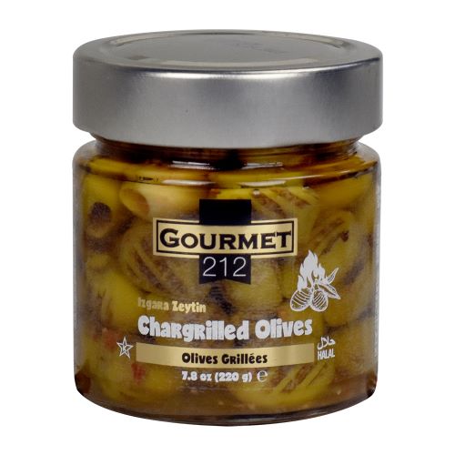 Gourmet212 Chargrilled Green Olives Pitted 7.7 oz Jar - Smoky Meze