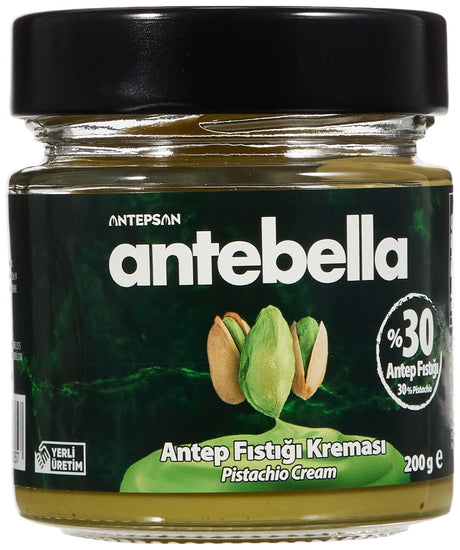 Antebella Antep Pistachio Cream Spread, 30% pistachio, 200 g jar with dark green label