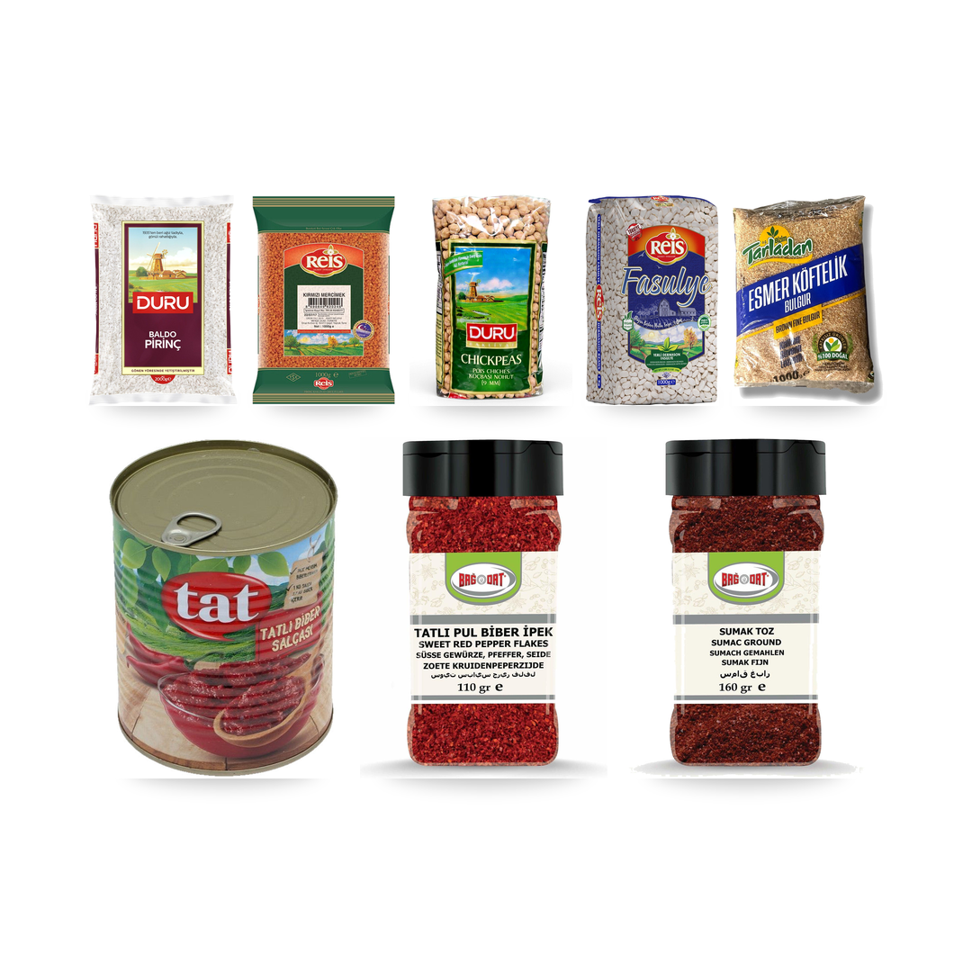 Bakliyat & Pilav Box, 8 items: Duru baldo rice 2 kg, Reis red lentil, Duru chickpeas, Reis dermason beans, Bizim Tarladan bulgur, Tat mild red pepper paste, Bağdat sweet pul biber and ground sumac