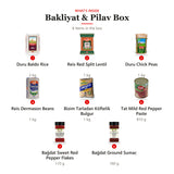 What's inside the Bakliyat & Pilav Box: 1 Duru Baldo Rice 2 kg, 2 Reis Red Split Lentil 1 kg, 3 Duru Chick Peas 1 kg, 4 Reis Dermason Beans 1 kg, 5 Bizim Tarladan Köftelik Bulgur 1 kg, 6 Tat Mild Red Pepper Paste 810 g, 7 Bağdat Sweet Red Pepper Flakes 110 g, 8 Bağdat Ground Sumac 160 g