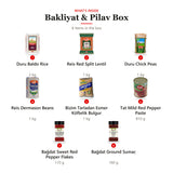 What's inside the Bakliyat & Pilav Box: 1 Duru Baldo Rice 2 kg, 2 Reis Red Split Lentil 1 kg, 3 Duru Chick Peas 1 kg, 4 Reis Dermason Beans 1 kg, 5 Bizim Tarladan Esmer Köftelik Bulgur 1 kg, 6 Tat Mild Red Pepper Paste 810 g, 7 Bağdat Sweet Red Pepper Flakes 110 g, 8 Bağdat Ground Sumac 160 g