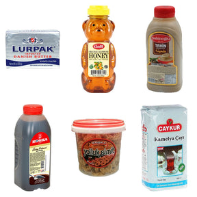 Butter & Honey Breakfast Box: Tahin-Pekmez, Simit and Tea: Lurpak Butter Salted 226 g, Galil Orange Blossom Honey Bear 12 oz, Şahinoğlu Tahini 470 g, Koska Grape Molasses 700 g, Koska Turkish Mini Simit Bucket, Çaykur Kamelya Cayi 500 g