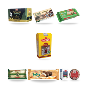 Çay Saati Box contents, arranged: Çaykur Rize Tea 1000g, Çaykur Altinbas Bergamot Tea 200g, Koska Turkish Delight with Pistachio 500 g, Koska Tahin Helvasi w/Pistachios (Tahini Halva) 200 g, KOSKA Pismaniye (Floss Halva) w/Pistachio 250g, Ulker Halley Marshmallow Biscuit 8 Pack - 240 g, Premium White Sugar Cubes, Shams, Tariş Garland Dried Figs 200 g