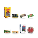Çay Saati Box contents grid: Çaykur Rize Tea 1000g, Çaykur Altinbas Bergamot Tea 200g, Koska Turkish Delight with Pistachio 500 g, Koska Tahin Helvasi w/Pistachios (Tahini Halva) 200 g, KOSKA Pismaniye (Floss Halva) w/Pistachio 250g, Ulker Halley Marshmallow Biscuit 8 Pack - 240 g, Premium White Sugar Cubes, Shams, Tariş Garland Dried Figs 200 g