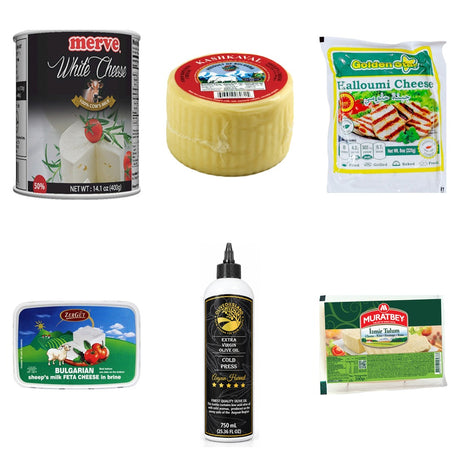 Cheese Lovers Box: White Cheese, Kashkaval, Halloumi, Feta, Tulum and Olive Oil: Merve White Cheese 400 g, Vintage Bulgarian Kashkaval 400 g, Golden Star Halloumi Cheese 225 g, Zergut Bulgarian Sheep's Milk Feta Cheese 396 g, OliveOilsLand Extra Virgin Olive Oil, Cold Press, Aegean Harvest 750 mL, Muratbey Tulum Cheese 200 g