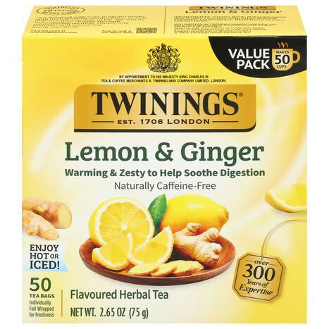Twinings Tea Bags Lemon & Ginger Herbal Tea Value Pack - 50 Bags