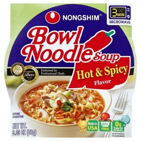 Nongshim Noodle Soup, Bowl, Hot & Spicy Flavor - 3.03 Ounces