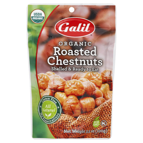 Galil Organic Roasted Chestnuts, shelled and ready to eat, 3.5 oz (100 g) pouch with USDA Organic seal