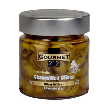 Gourmet212 Chargrilled Green Olives Pitted Jar, Smoky Meze, 7.7 oz