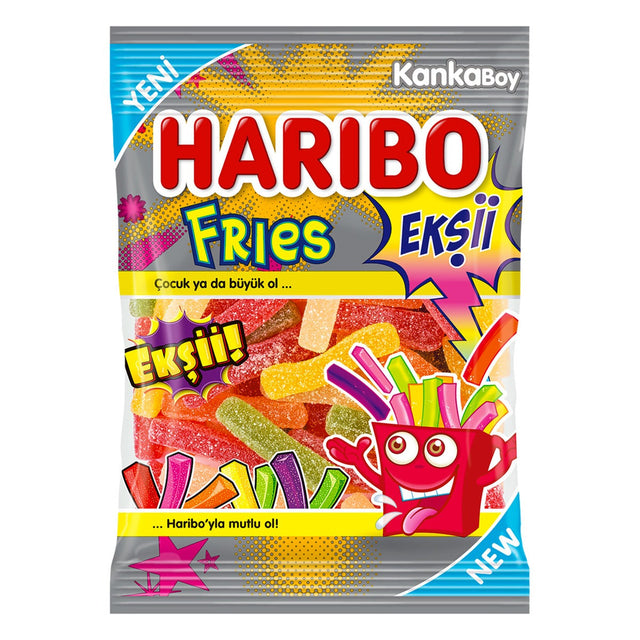 Haribo Fries Ekşii sour gummy candy, 70 g bag, front view