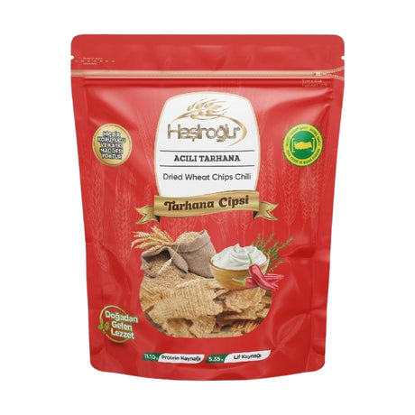 Hasıroğlu Acılı Tarhana Cipsi chili dried wheat chips, 225 g red pouch