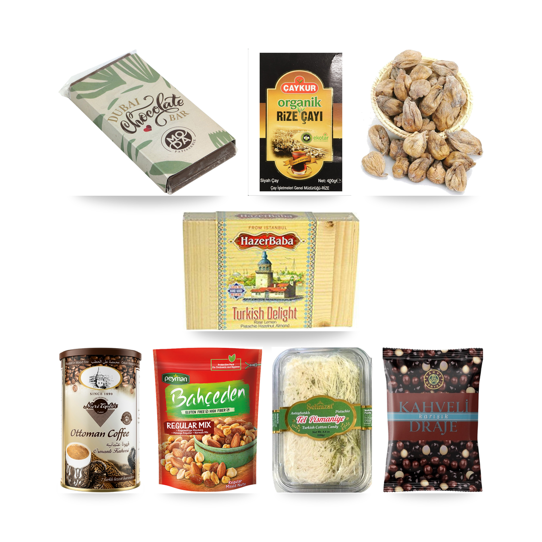 Holiday Gift Box, 8 items: Hazer Baba wooden-box Turkish delight, Moda Dubai chocolate, Çaykur Rize tea, Nuri Toplar Ottoman coffee, Peyman mixed nuts, dried figs, Şehrazat tel pişmaniye, Kahve Dünyası coffee bean dragee