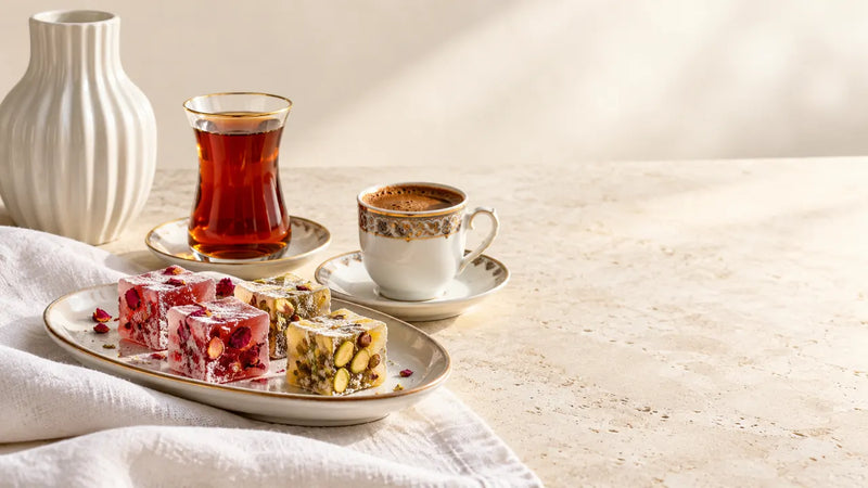 Rose and pistachio lokum on an oval dish with a glass of tea and a coffee cup.