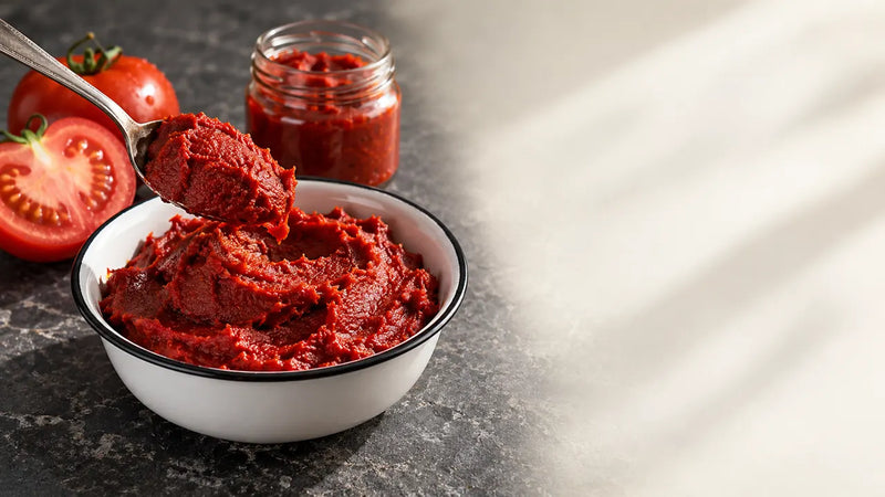A bowl of red tomato paste with a lifted spoonful and a halved tomato.
