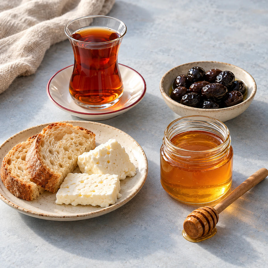 Turkish breakfast with tea, honey, rustic bread, white cheese and black olives.