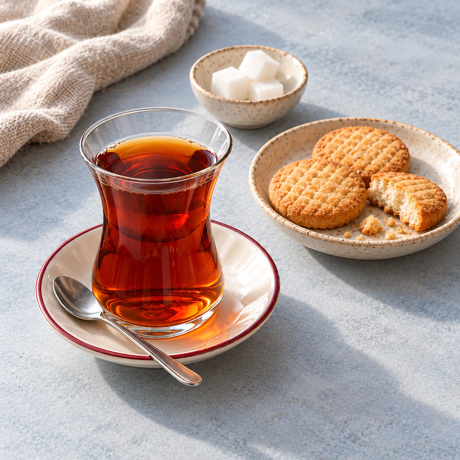 Turkish tea in a tulip glass with biscuits and sugar on a pale blue tabletop.