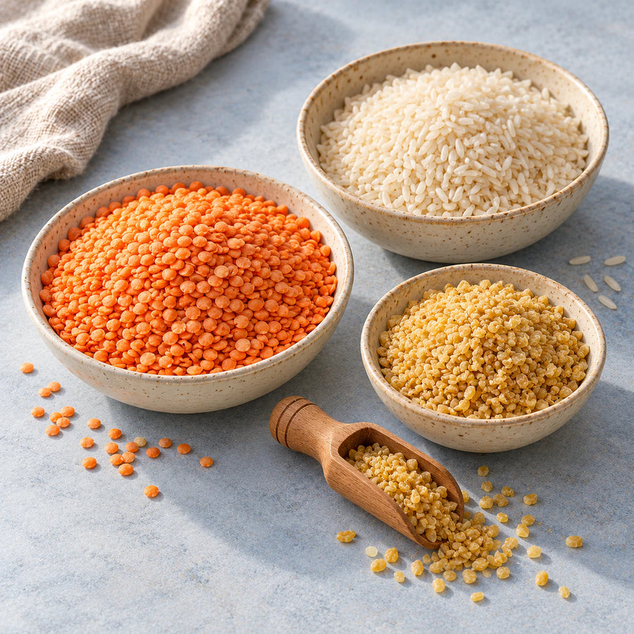 Red lentils, white rice and golden bulgur in three ivory bowls with a wooden scoop.