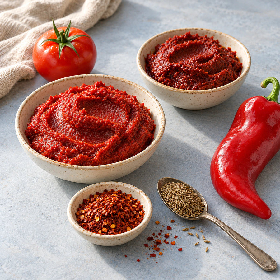 Tomato paste and red pepper paste in ivory bowls with spices, a tomato and a red pepper.