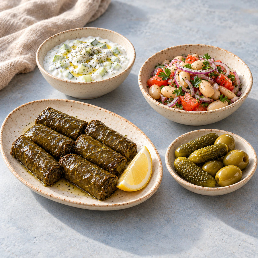Turkish meze with stuffed grape leaves, cacik, white bean salad and pickles in ivory dishes.