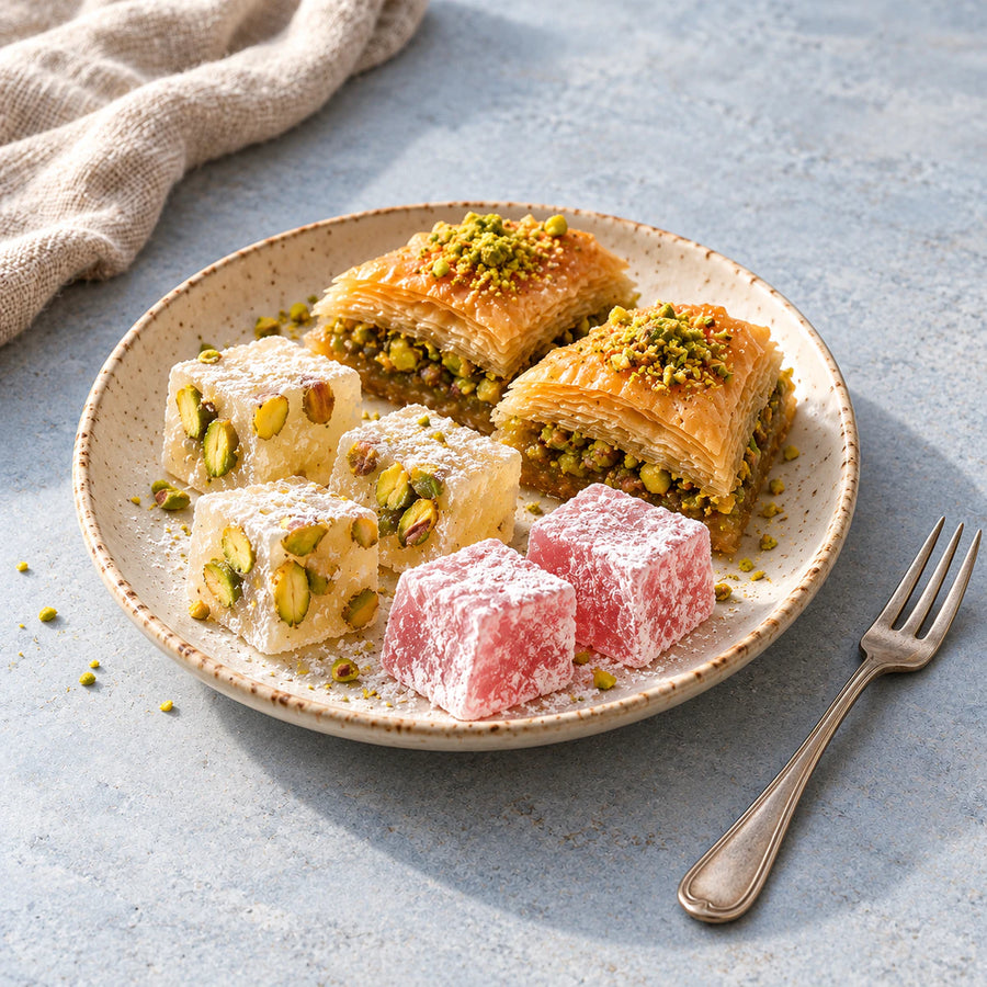 Pistachio and rose Turkish delight with two pistachio baklava pieces on an ivory plate.