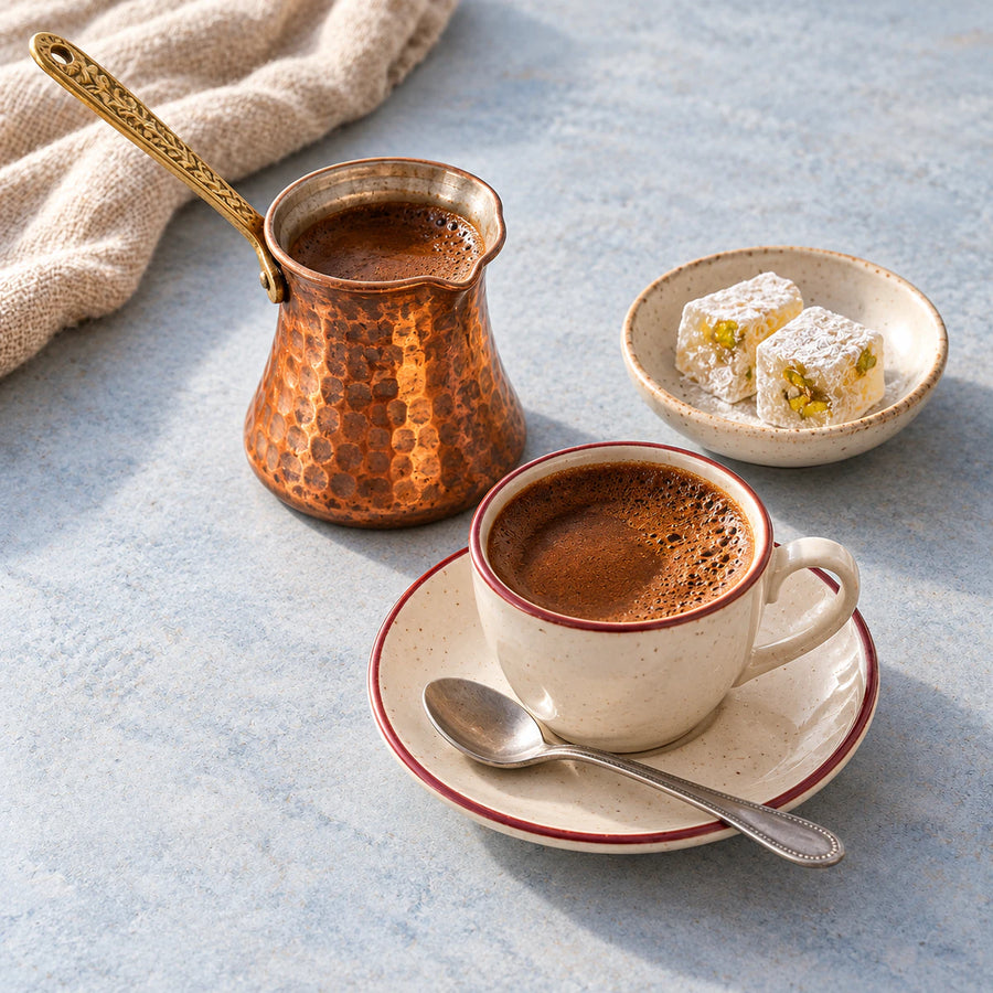 Turkish coffee in an ivory cup beside a hammered copper cezve and two pieces of lokum.