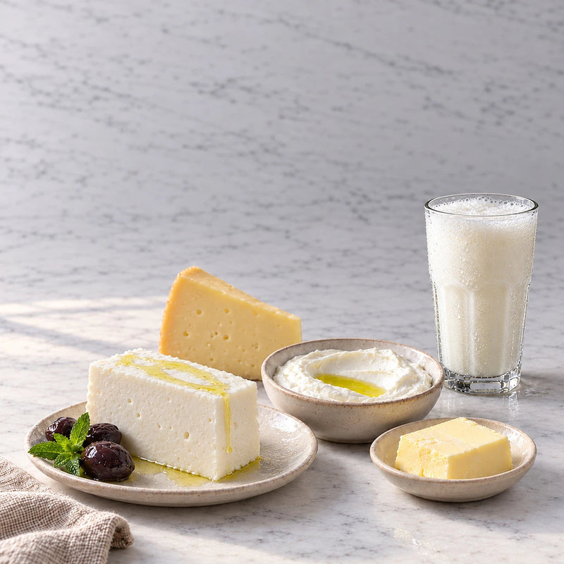 White cheese, yellow cheese, butter, labneh and a glass of milk on a white marble counter.