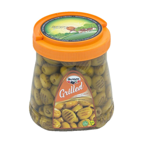 İkram Grilled Green Olives, Izgara Yeşil Zeytin, plastic jar with orange lid