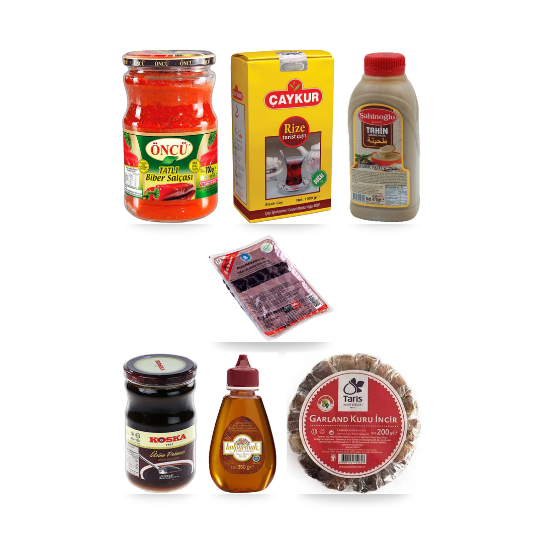 Kahvaltı Box contents, arranged: MB Gemlik Black Olives M Super 500gr Vacuum, Öncü Mild Pepper Paste 700 g, Çaykur Rize Tea 1000g, Sahinoglu Tahini 470 g, KOSKA Grape Molasses 800g, BALPARMAK Anatolian Blossom Honey 350g, Tariş Garland Dried Figs 200 g